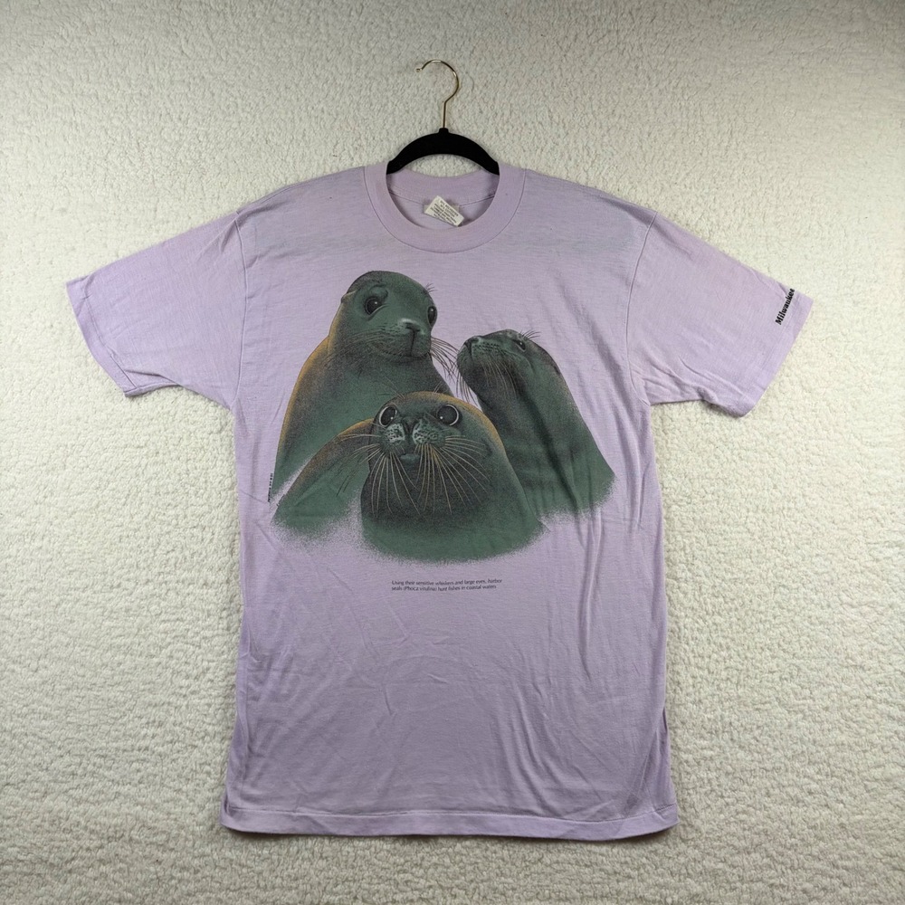 Vtg 80s Harlequin Nature Graphics Sea Lions Seals Tee Shirt Single Stitch Purple